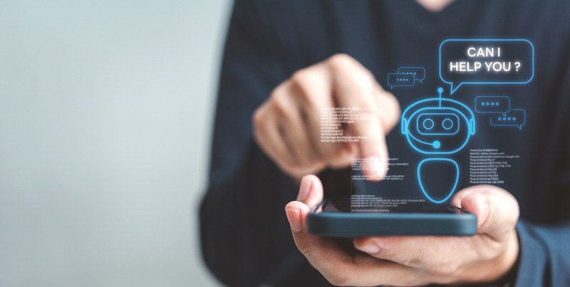 Person chatting with an AI chatbot assistant on a smartphone