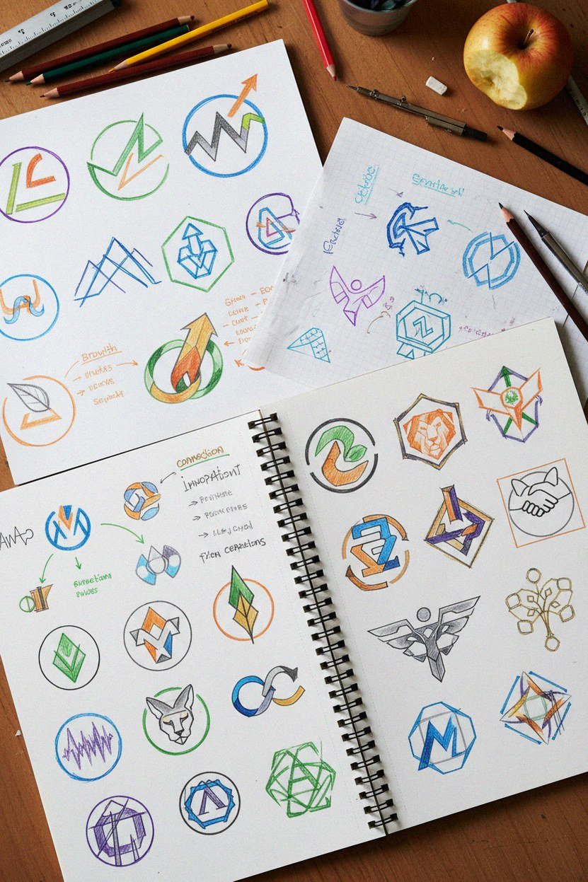 Logo design sketches and branding concepts on a designer's desk