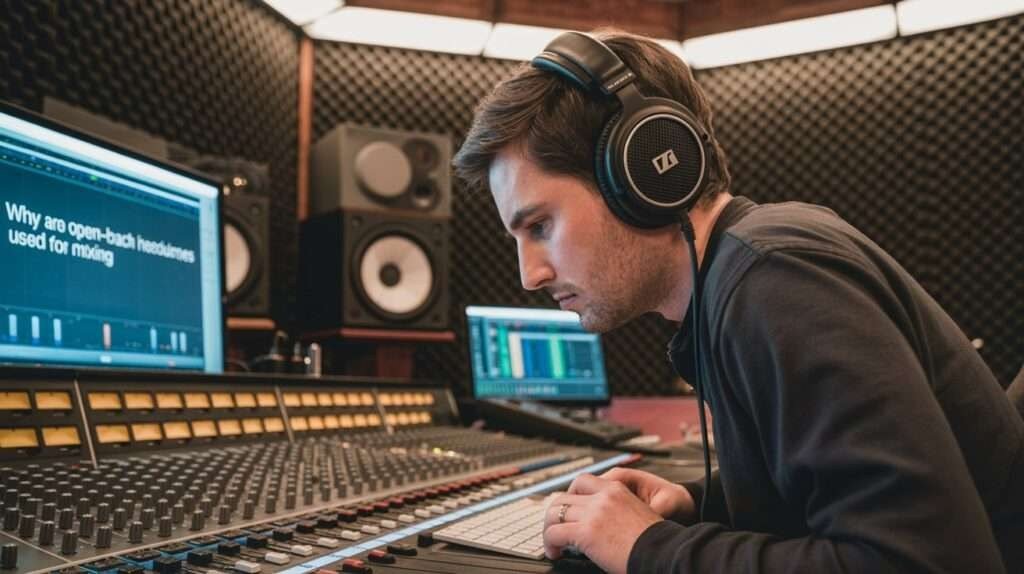 Musician producing music in a studio wearing headphones