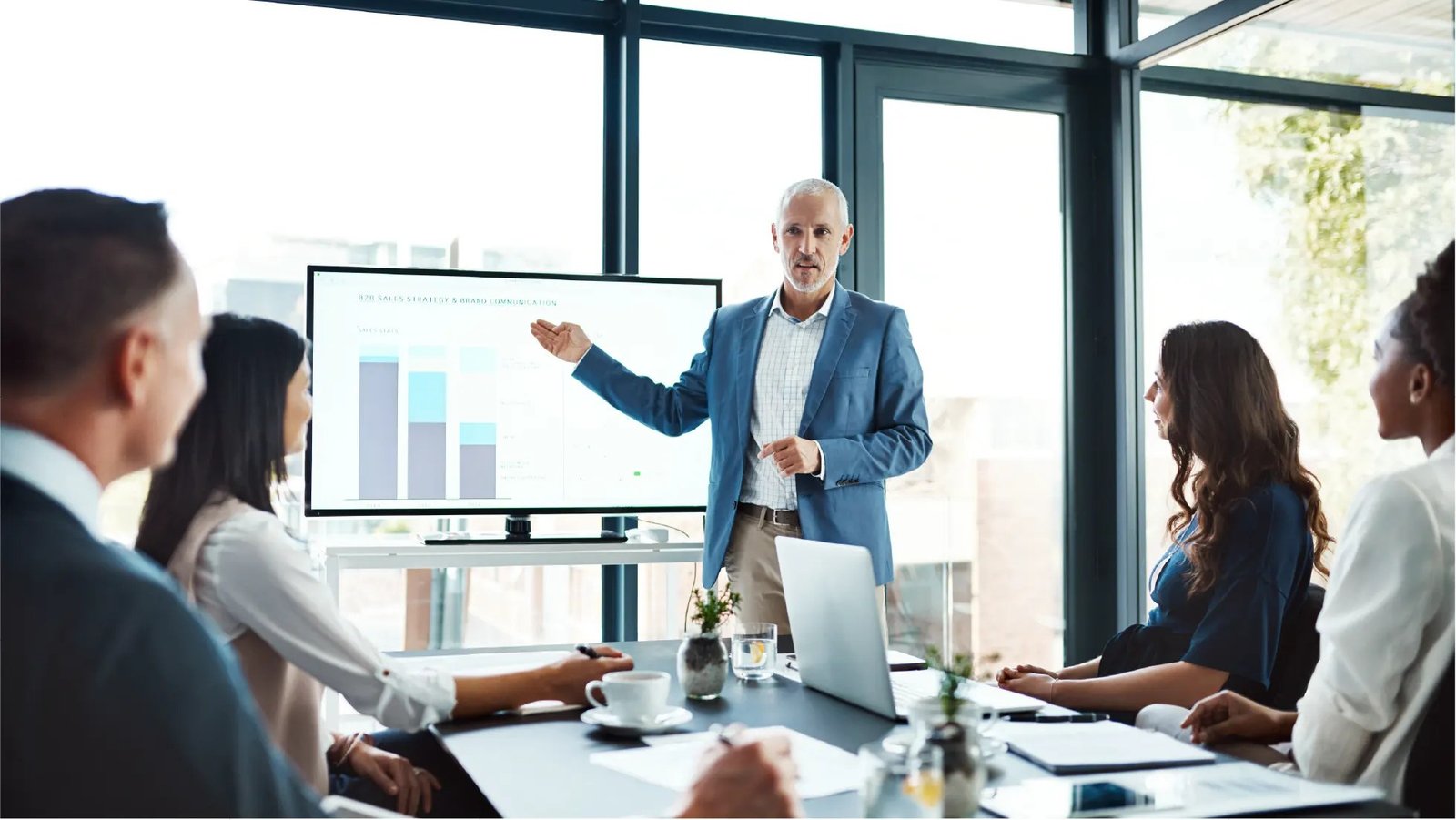 Business professional presenting AI-generated slides in a meeting