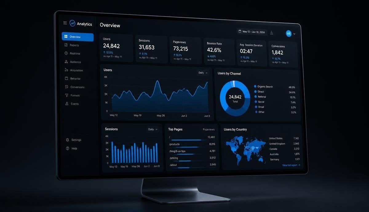 Website analytics dashboard displayed on a computer monitor