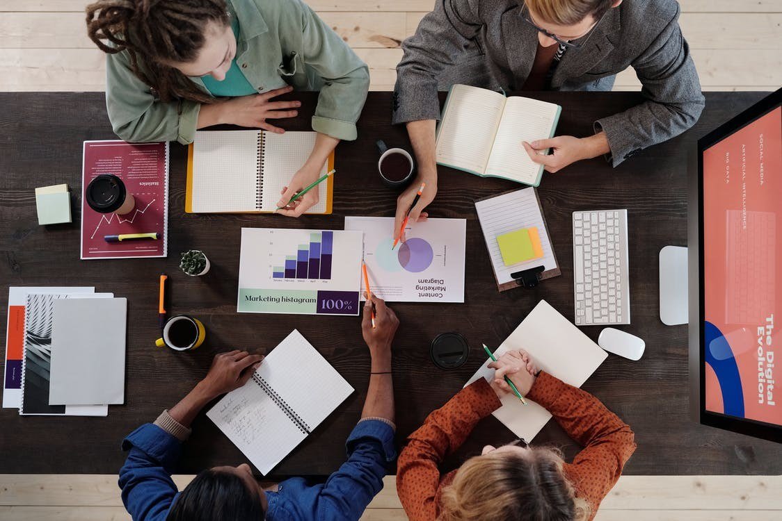 Marketing team collaborating on strategy around a table