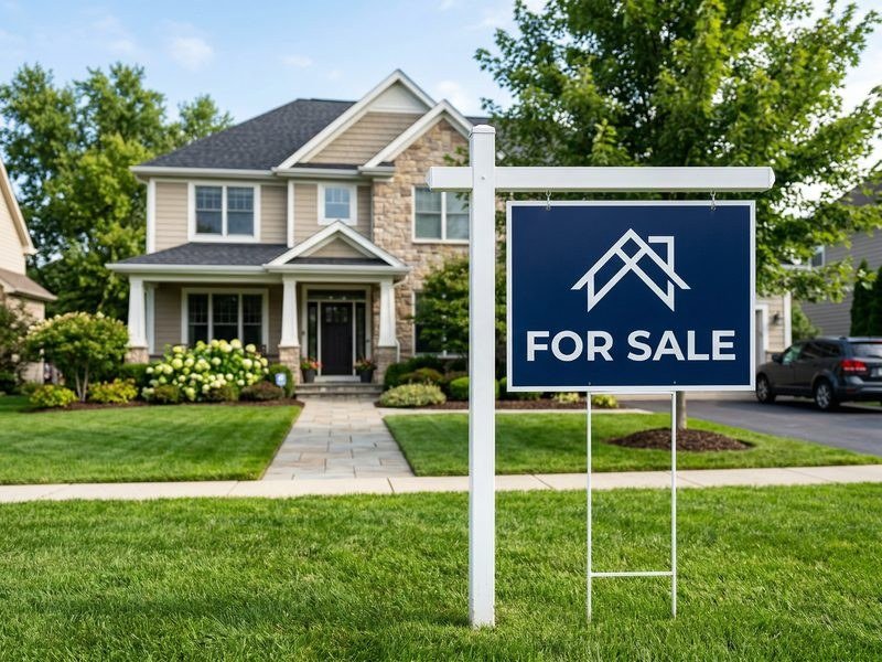 House for sale sign in front of a suburban home