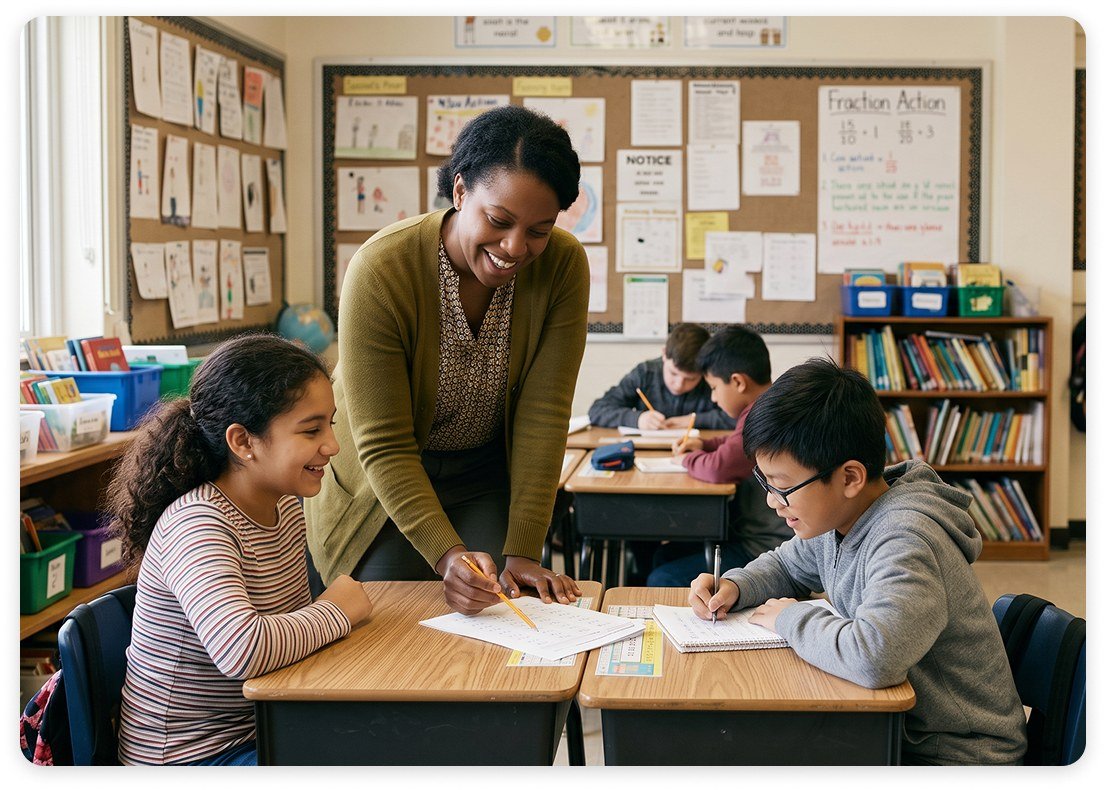 Teacher helping students in a modern classroom with technology