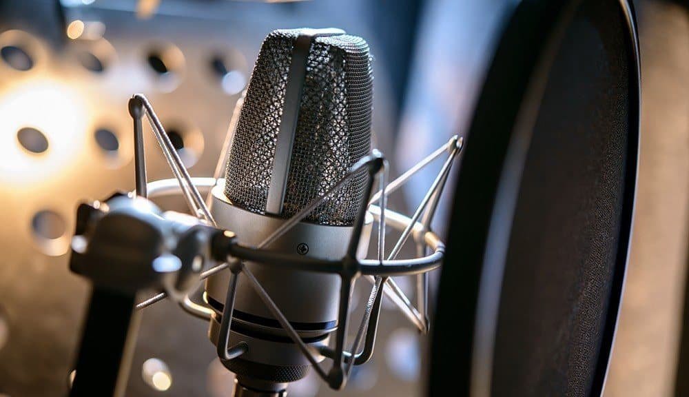 Podcast microphone in a recording studio for AI voice generation