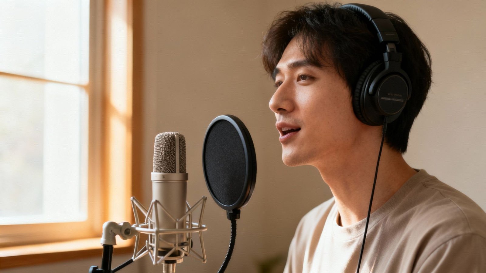 Person recording a voiceover with a microphone in a home studio