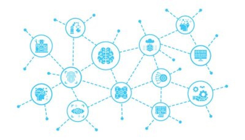 Abstract network of artificial intelligence icons in blue