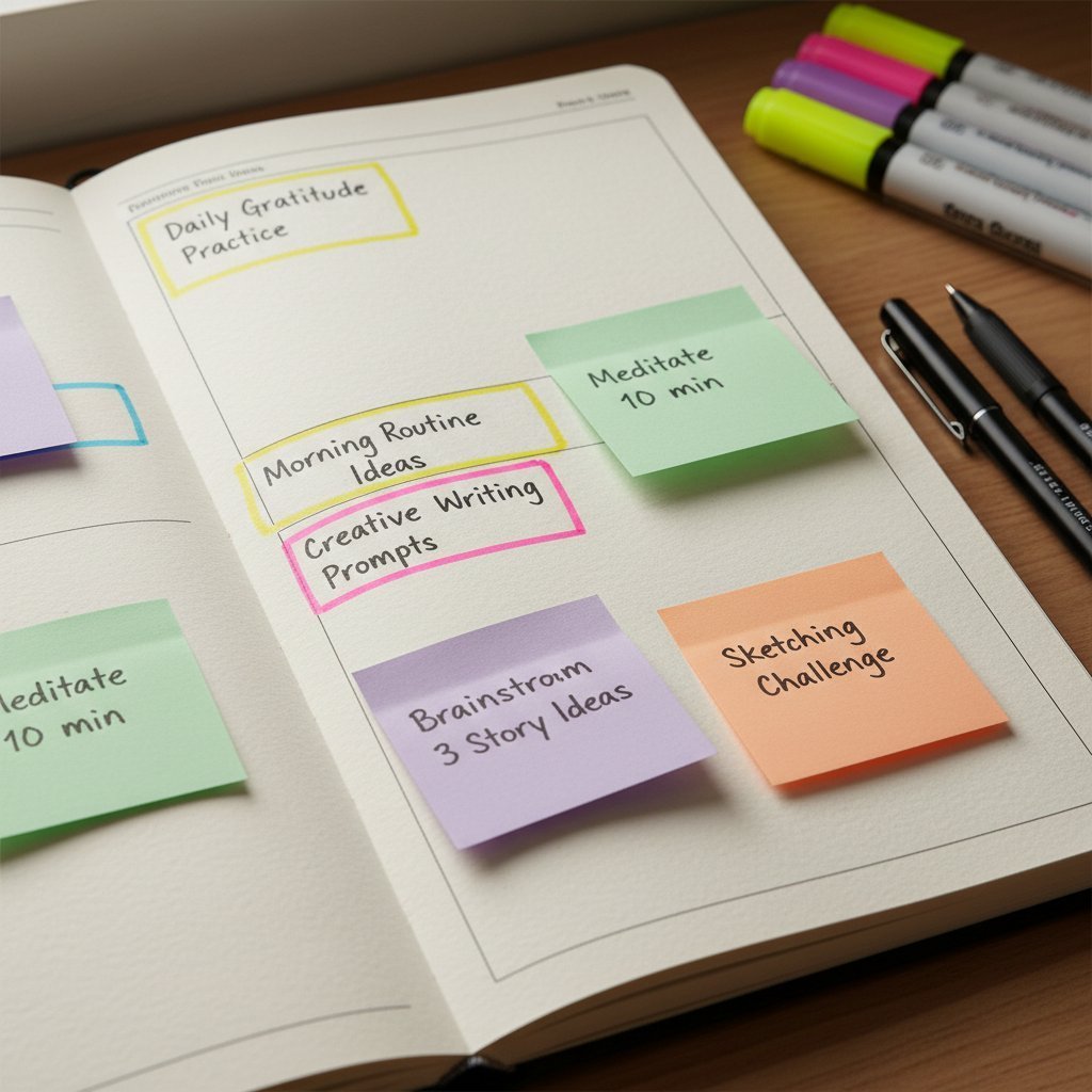 Writing prompts and ideas in notebook